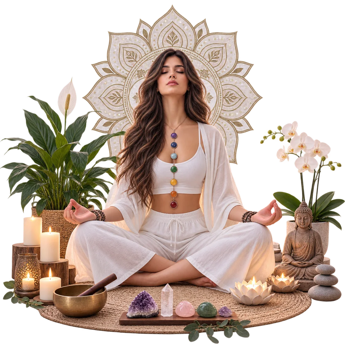 Persona meditando en un ambiente de bienestar con velas, cuenco tibetano, cristales y elementos de armonización energética