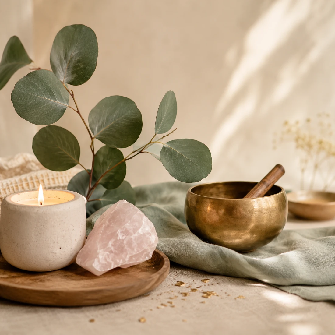Ambiente de bienestar con vela, cuarzo rosa, eucalipto y cuenco tibetano