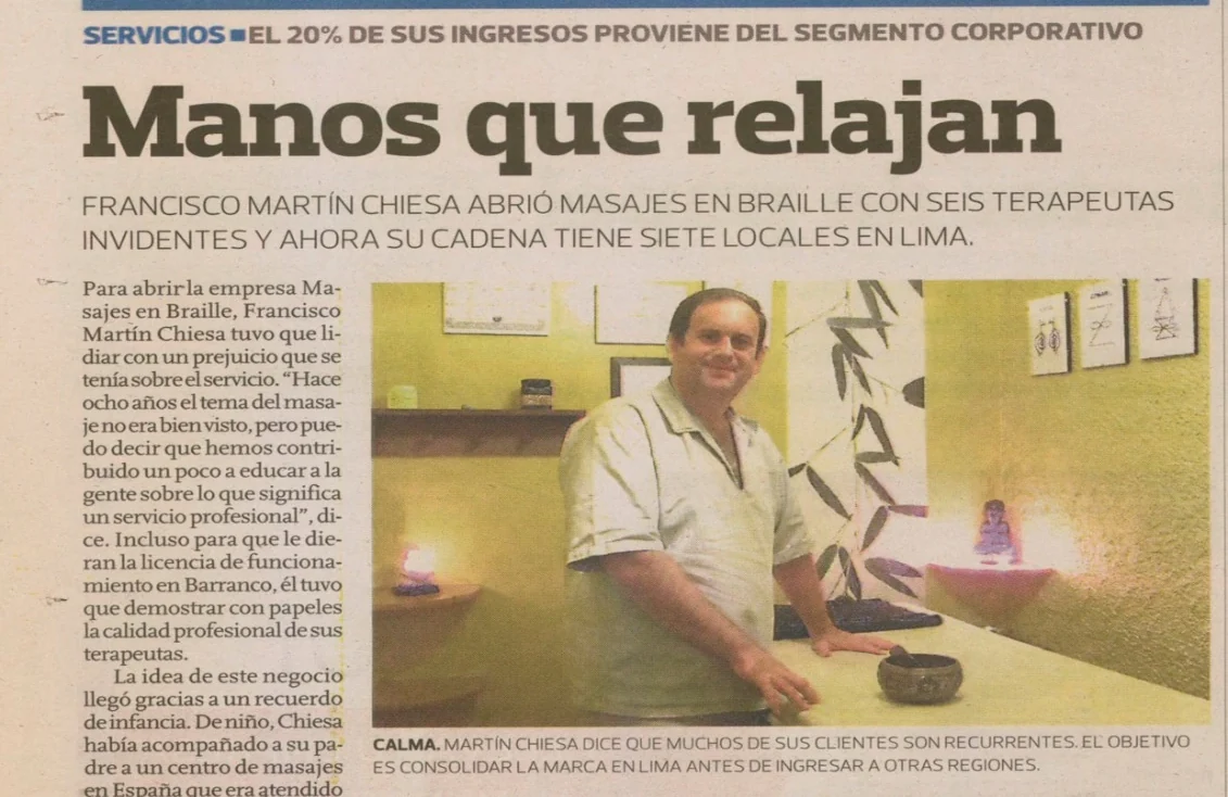 Recorte del diario El Comercio sobre la trayectoria de Masajes en Braille