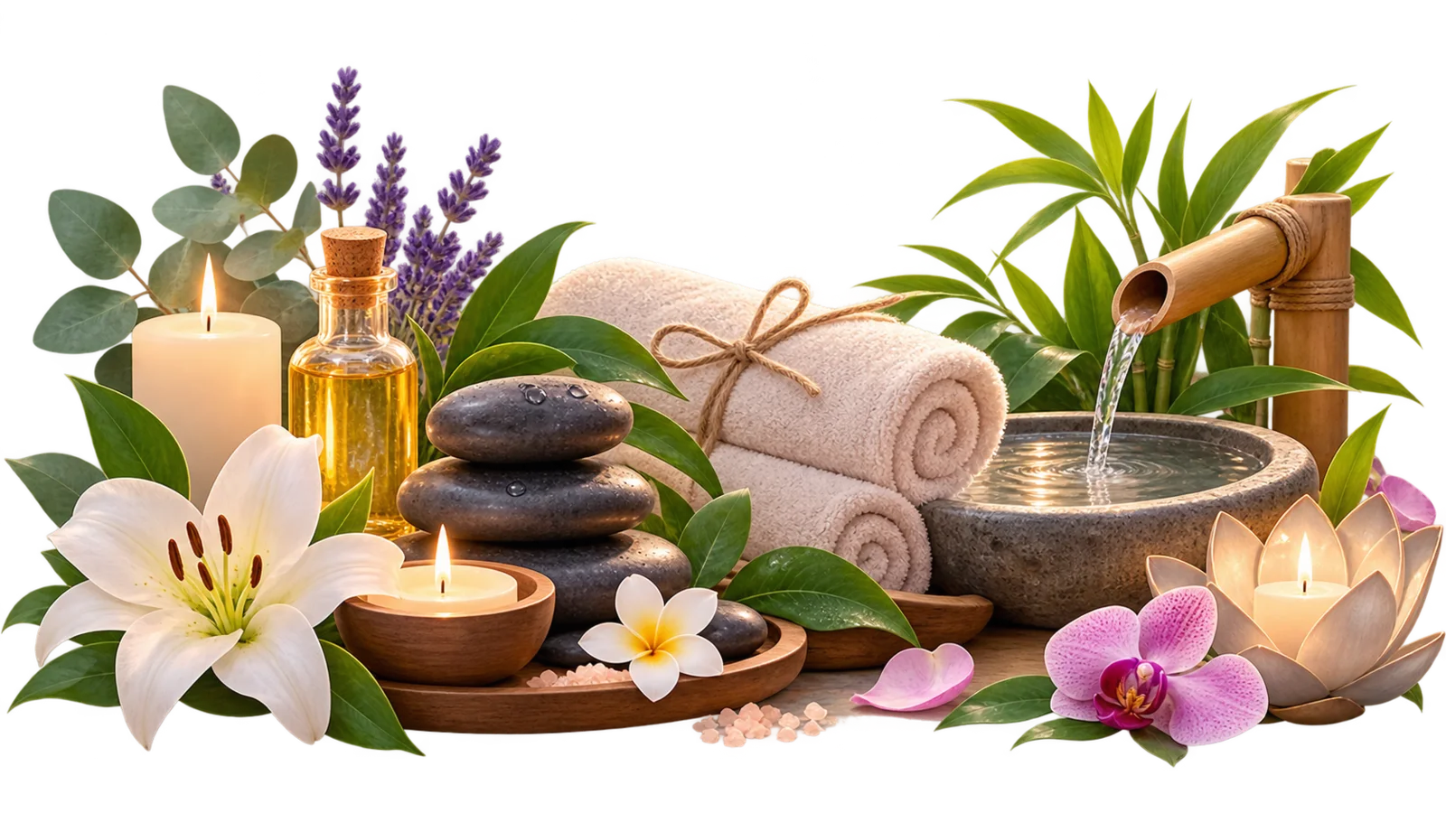 Composición visual de terapias con elementos de spa, agua y armonización